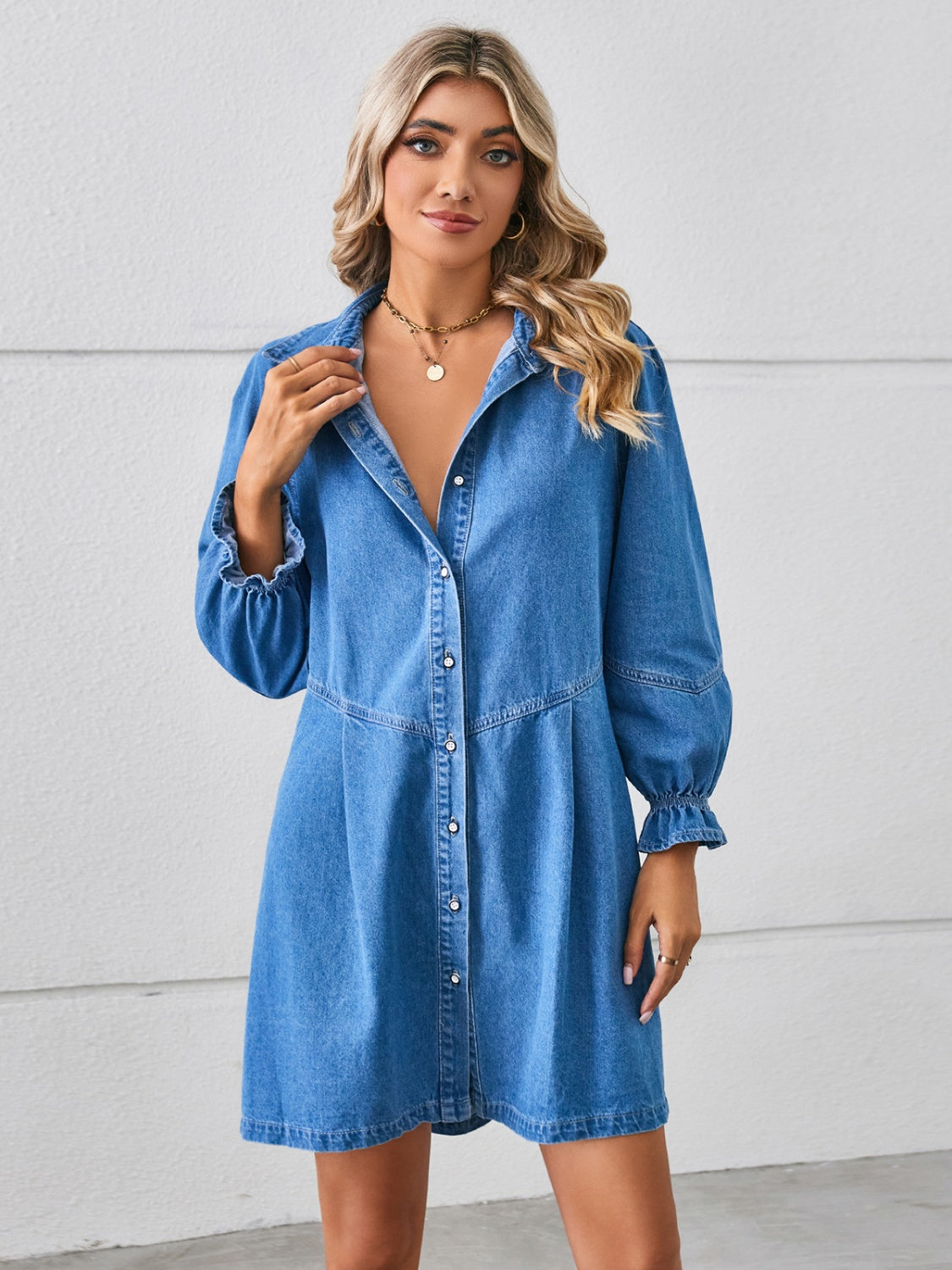 Button Up Flounce Sleeve Mini Denim Dress