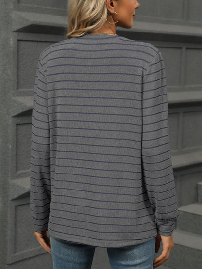 Striped Notched Long Sleeve T-Shirt