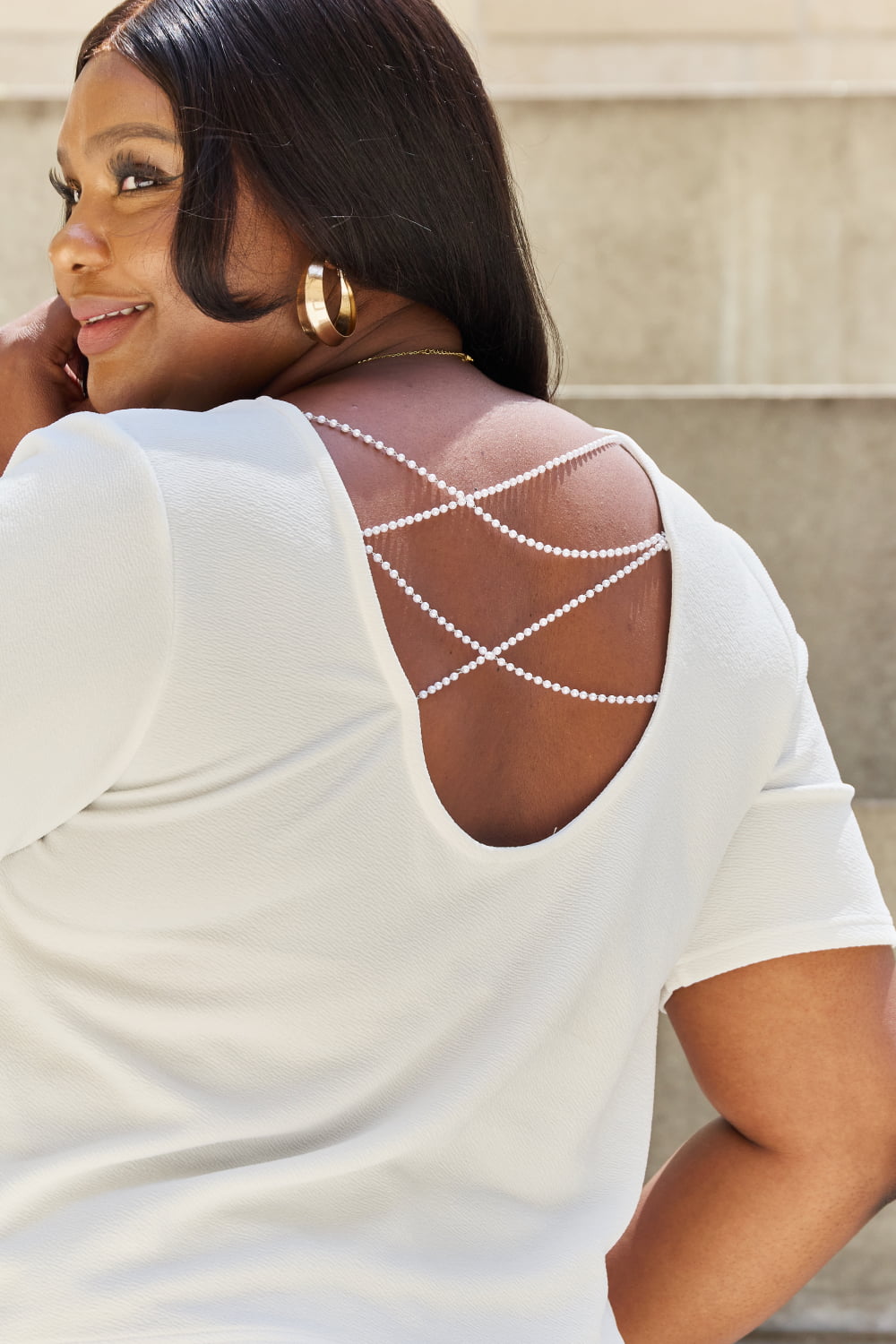 White Pearly White Full Size Criss Cross Pearl Detail Open Back T-Shirt