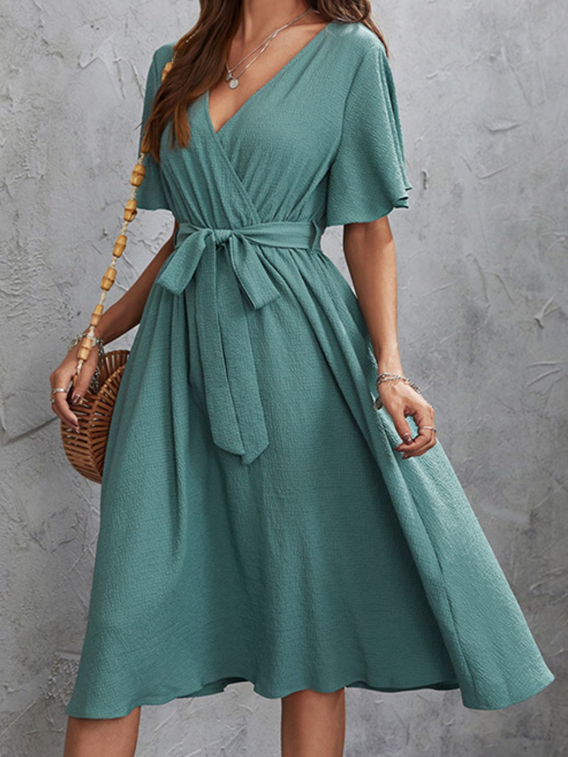 Surplice Flutter Sleeve Midi Dress