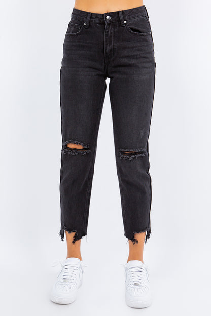 Black American Bazi High Waist Distressed Cropped Straight Jeans