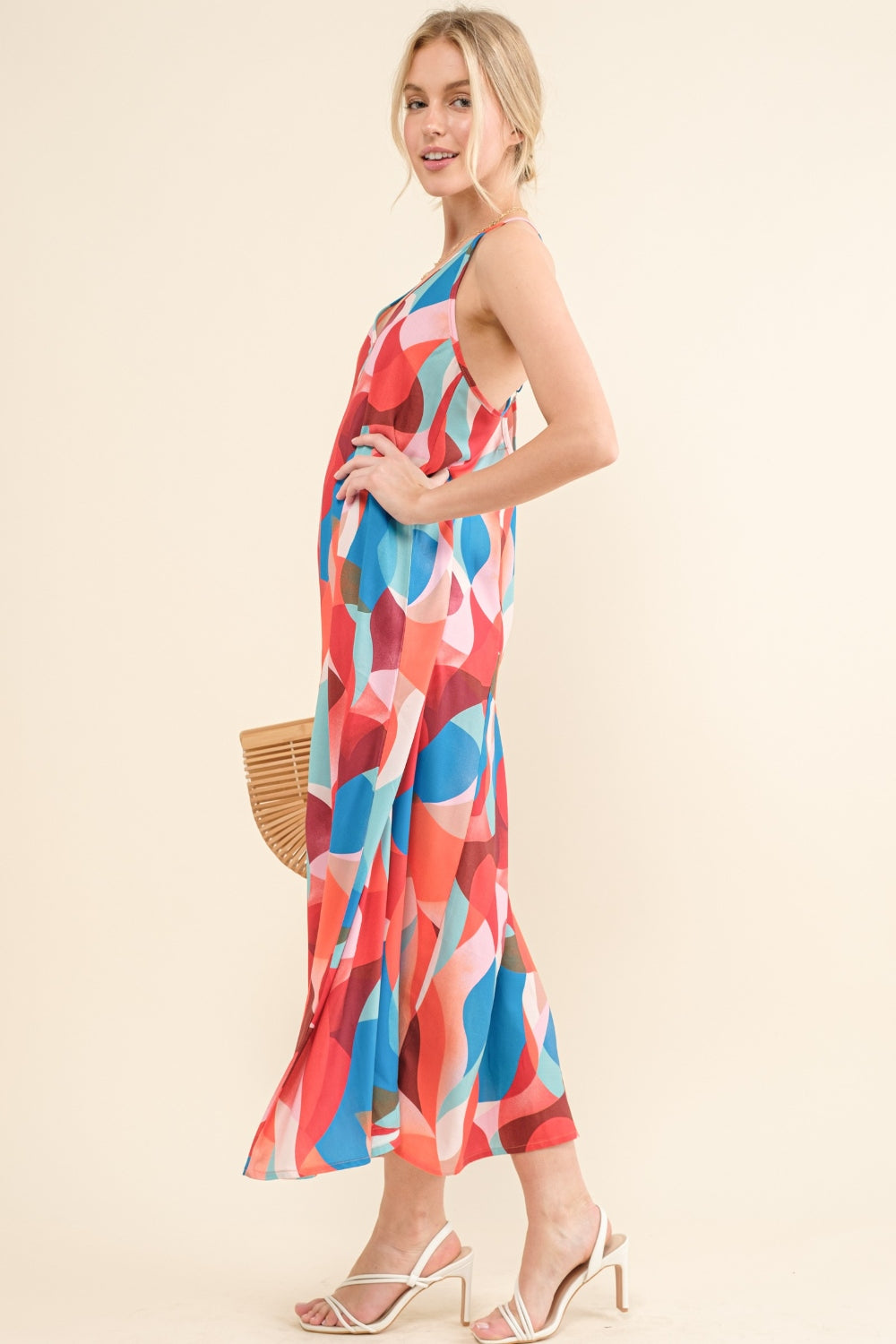 Pink & Blue Printed Crisscross Back Cami Dress