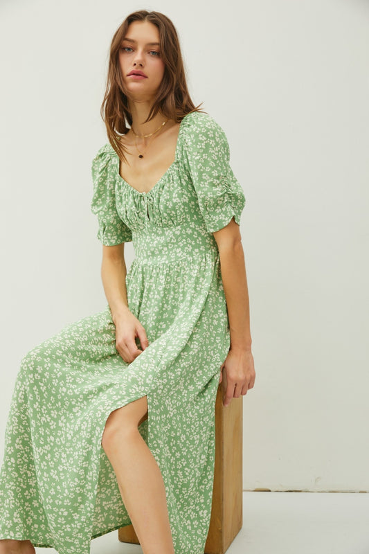 Green Floral Smocked Back Slit Dress