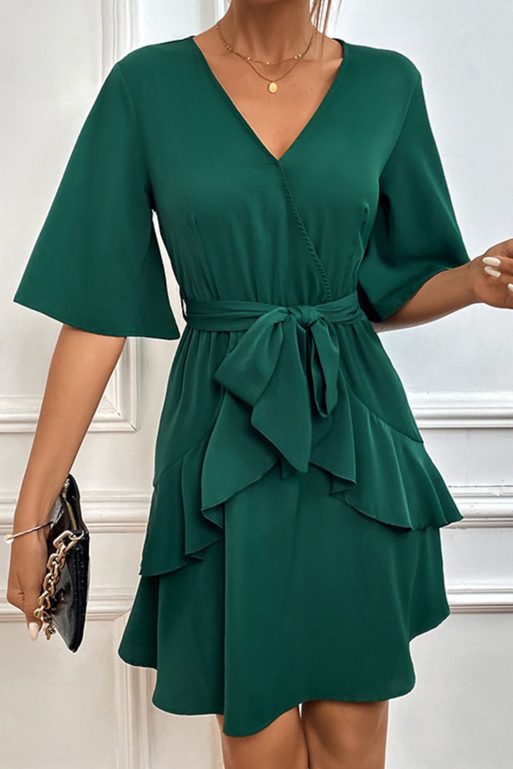 Perfee Tie Belt Surplice Neck Ruffled Dress