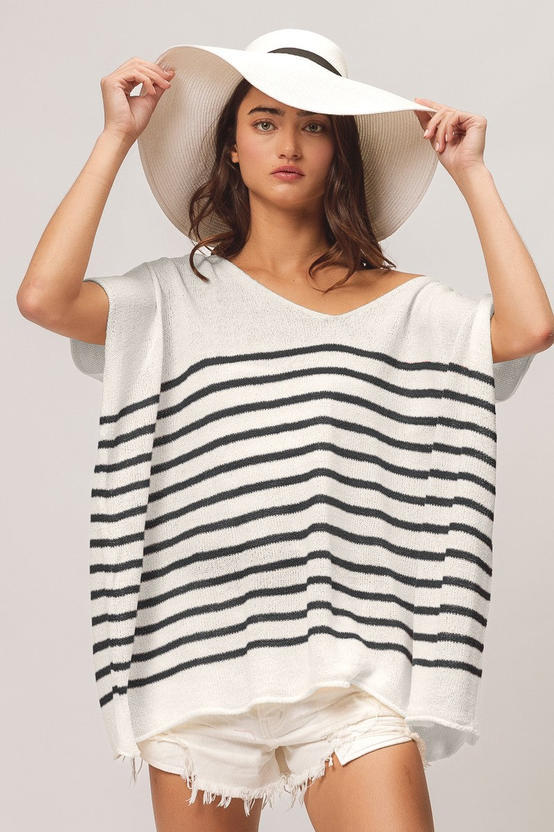 Black V Neck Striped Short Sleeve Top