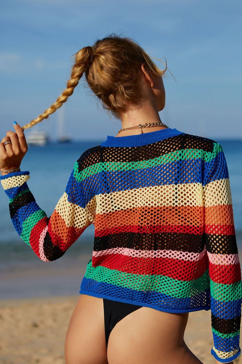 Rainbow Stripe Openwork Long Sleeve Cover-Up