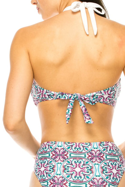 Two piece floral prints criss cross halter bikini