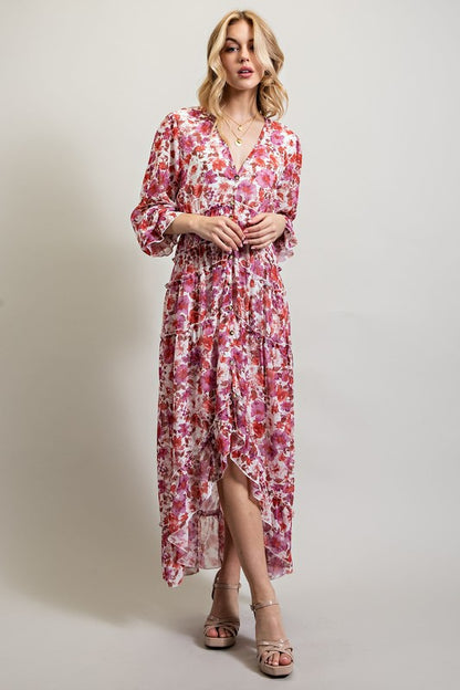 Multi-Pink BOHEMIAN FLORAL HIGH AND LOW MAXI DRESS