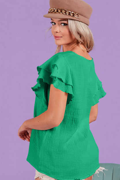Green Ruffle Sleeve Wrinkled Cotton Gauze Top