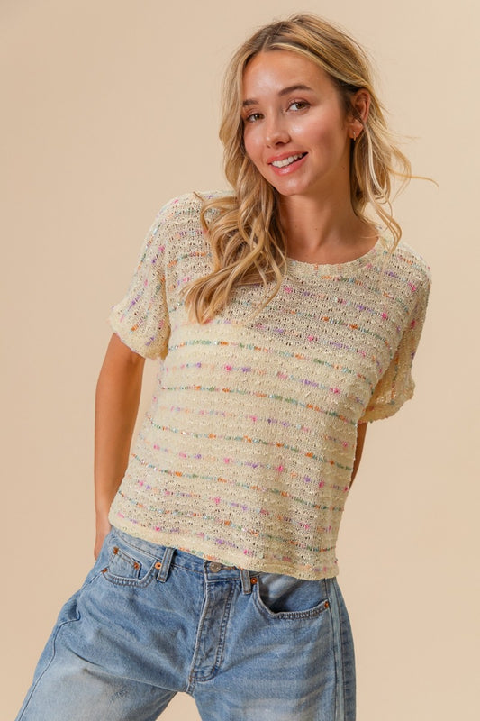 Cream Striped Popcorn Knit Top