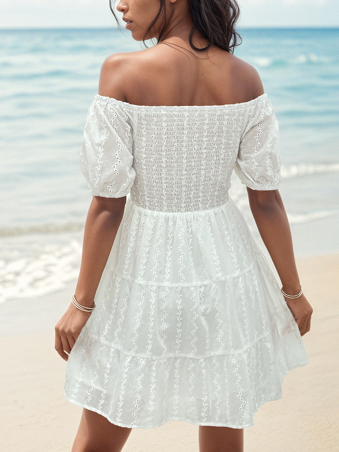 Perfee Smocked Eyelet Off-Shoulder Mini Dress