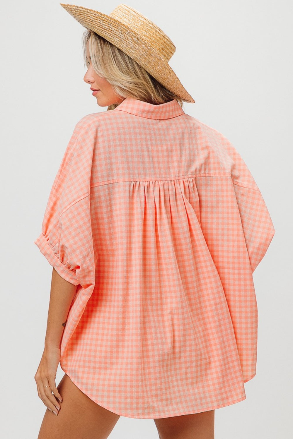 Blush Plaid Button Up Dolman Sleeve Shirt
