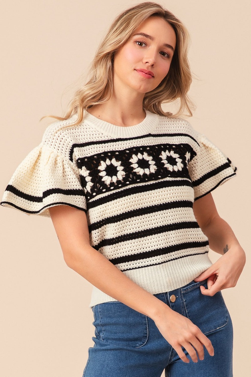 Ivory Granny Square Short Sleeve Striped Sweater