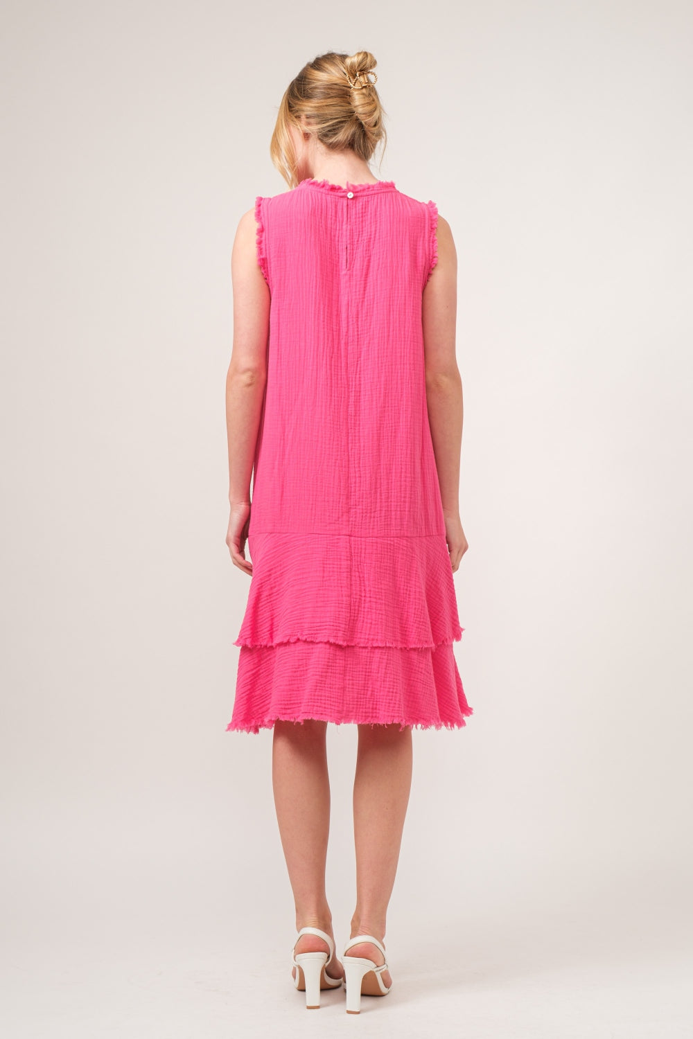 Fuchsia Washed Fringe Detail Tiered Dress