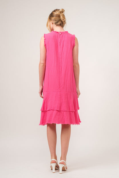 Fuchsia Washed Fringe Detail Tiered Dress