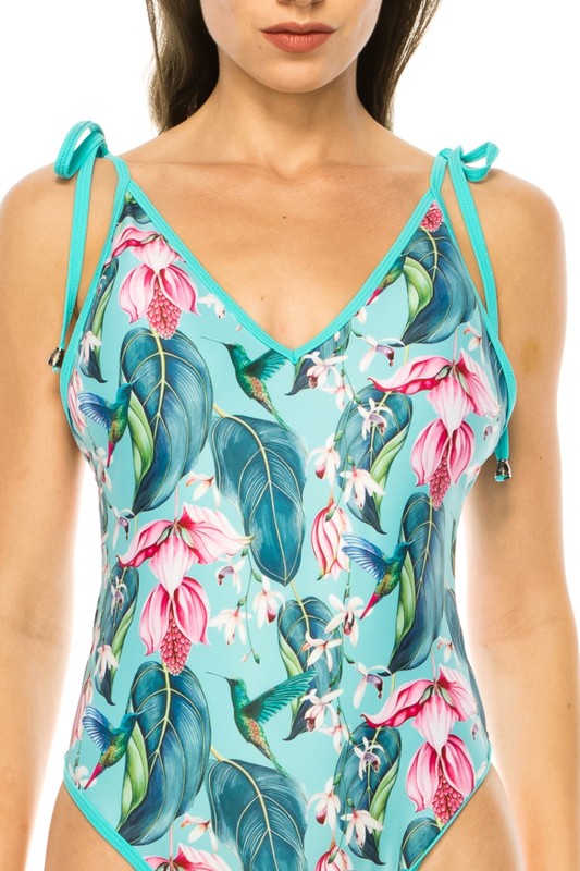 One piece bathing suit floral print shoulder top tie