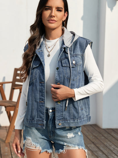 Pocketed Button Up Hooded Denim Jacket