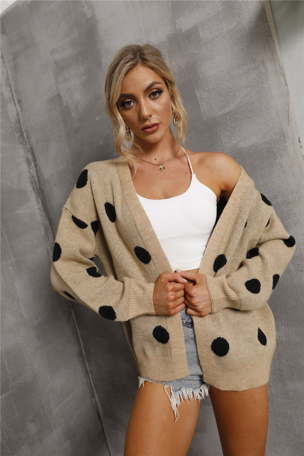 Polka Dot Open Front Drop Shoulder Cardigan