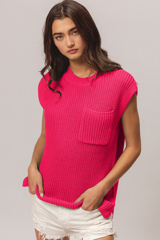 Fuchsia Patch Pocket Cap Sleeve Sweater Top