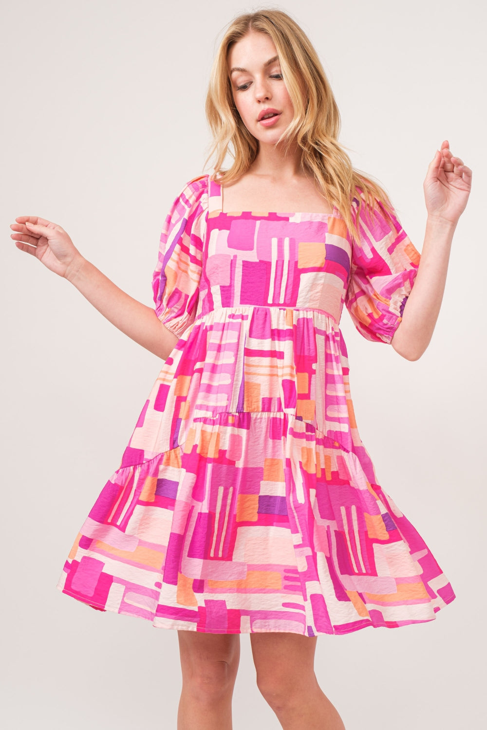 Pink Color Block Puff Sleeve Dress