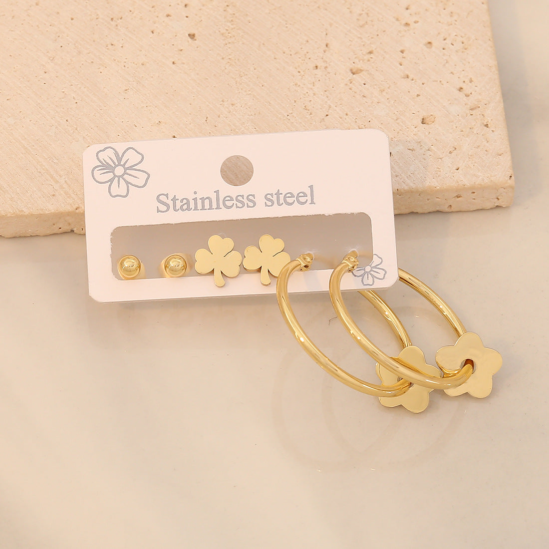 3 Piece Gold-Plated Stainless Steel Earrings