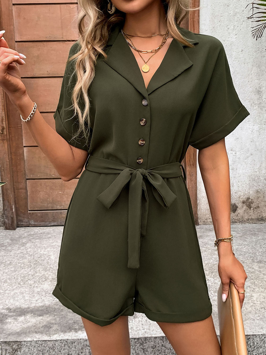 Half Button Tie Waist Short Sleeve Romper