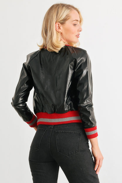 Black Comme PU Leather Baseball Collar Long Sleeve Jacket