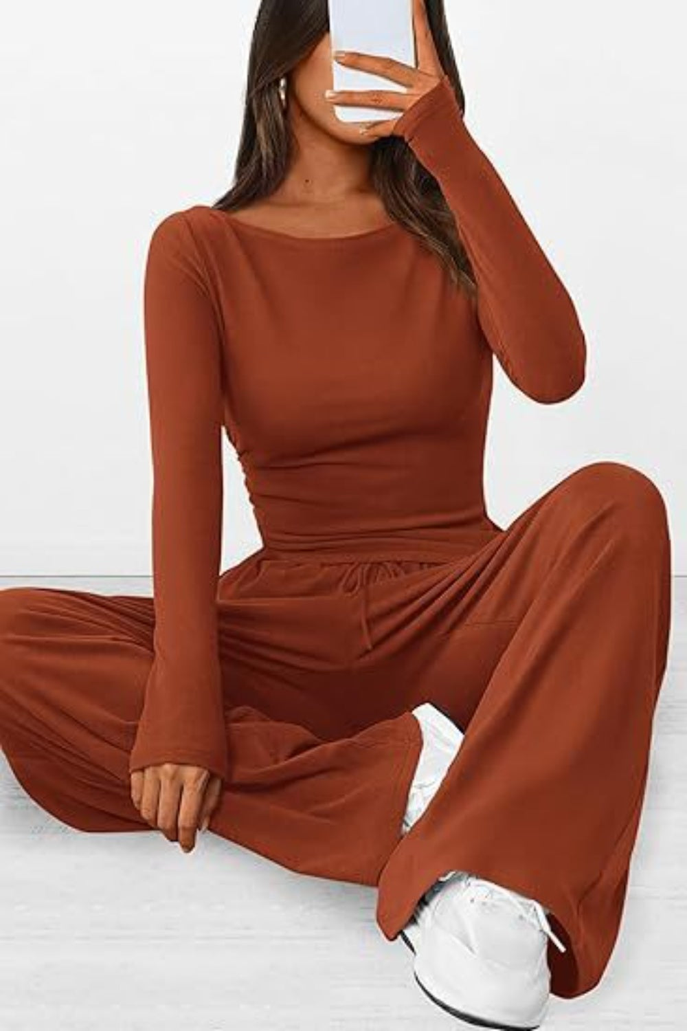 Round Neck Long Sleeve Top and Pants Set