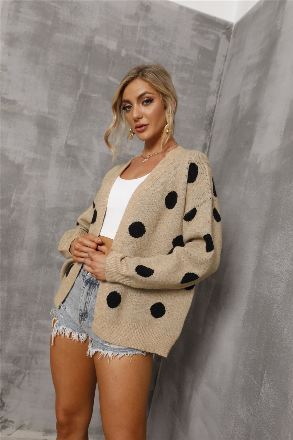 Polka Dot Open Front Drop Shoulder Cardigan