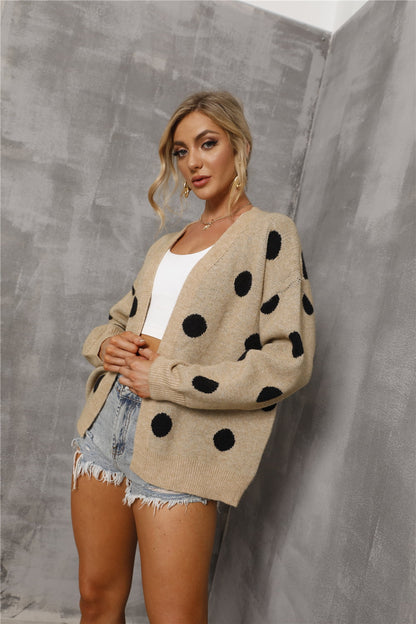 Polka Dot Open Front Drop Shoulder Cardigan