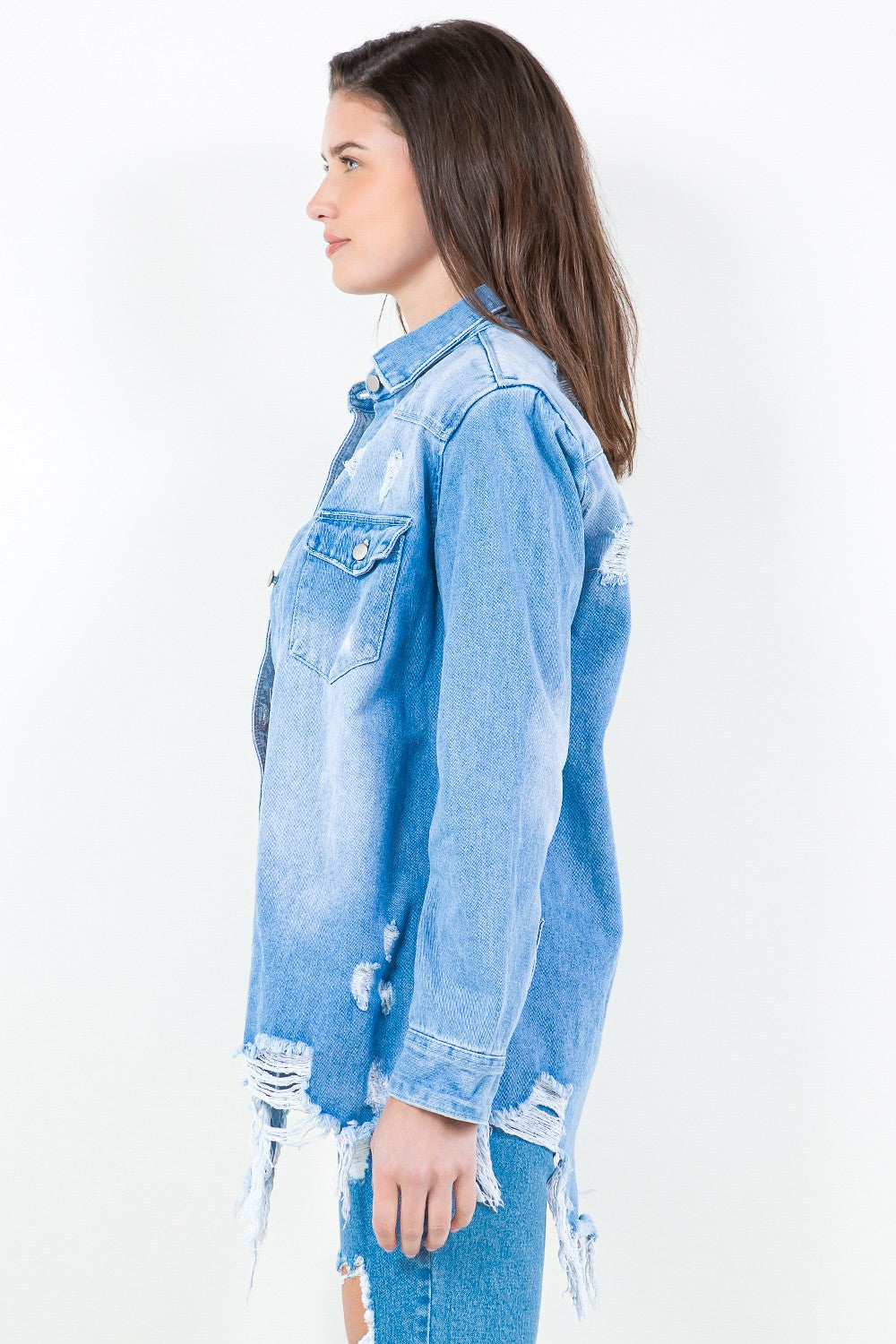 Blue American Bazi Frayed Hem Distressed Denim Shirt Jacket