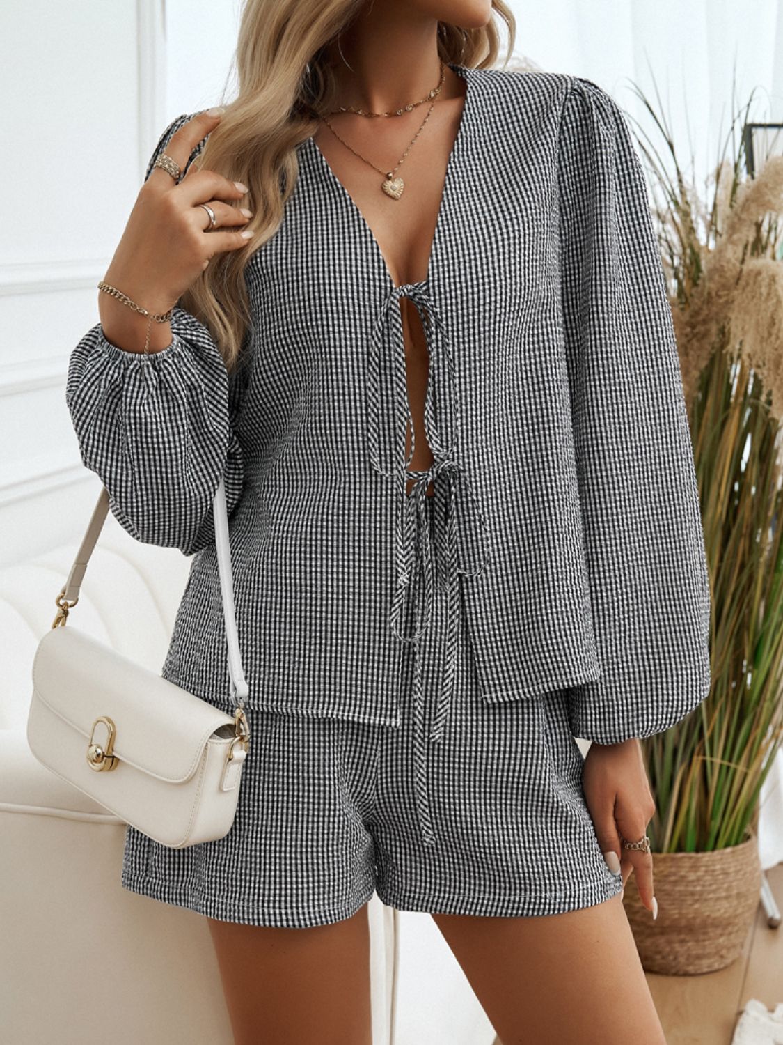 Tied Long Sleeve Top and Shorts Set