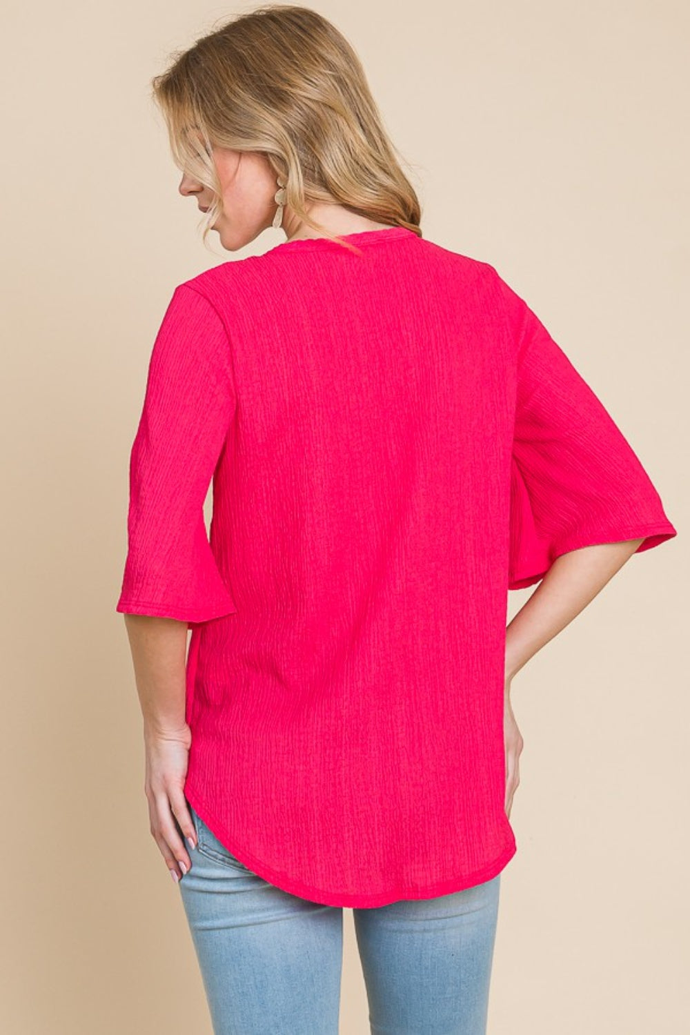 Fuchsia Texture Decorative Button V-Neck Top