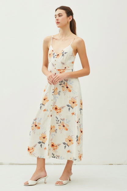 Peach Floral Button Down Cami Midi Dress