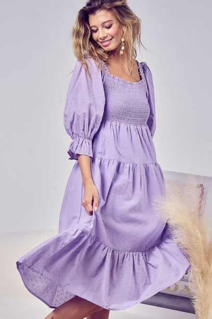 Lavender Swiss Dot Flounce Sleeve Smocked Tiered Midi Dress