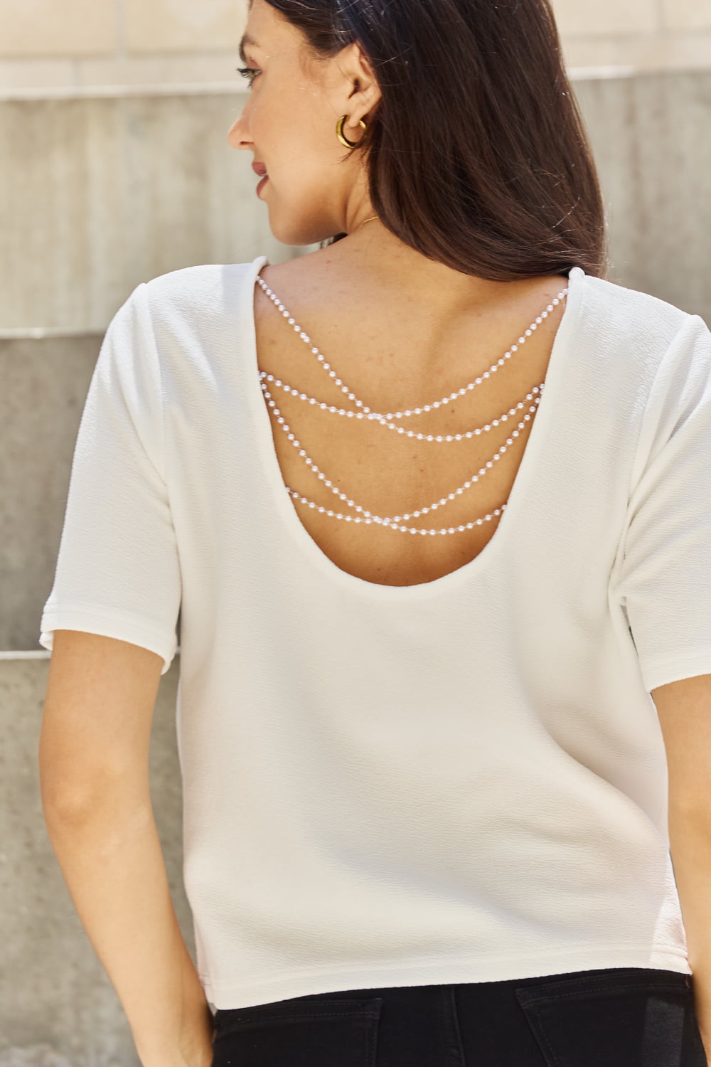 White Pearly White Full Size Criss Cross Pearl Detail Open Back T-Shirt