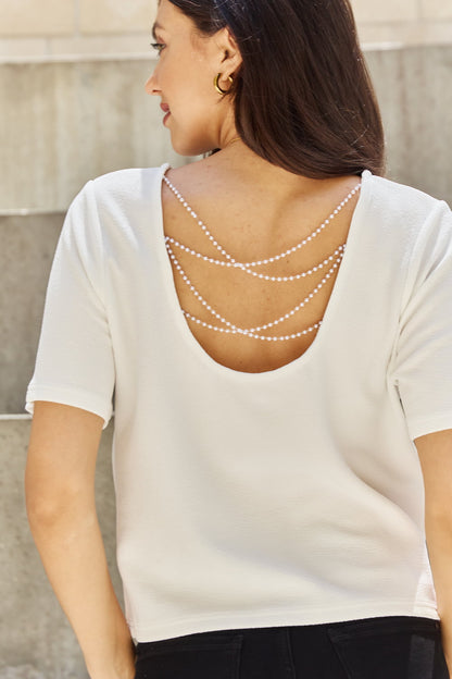 White Pearly White Full Size Criss Cross Pearl Detail Open Back T-Shirt