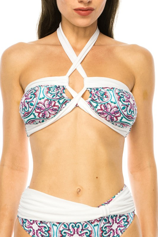 Two piece floral prints criss cross halter bikini