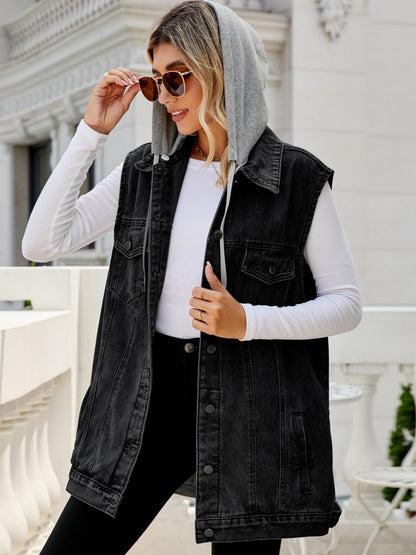 Drawstring Pocketed Button Up Sleeveless Denim Jacket