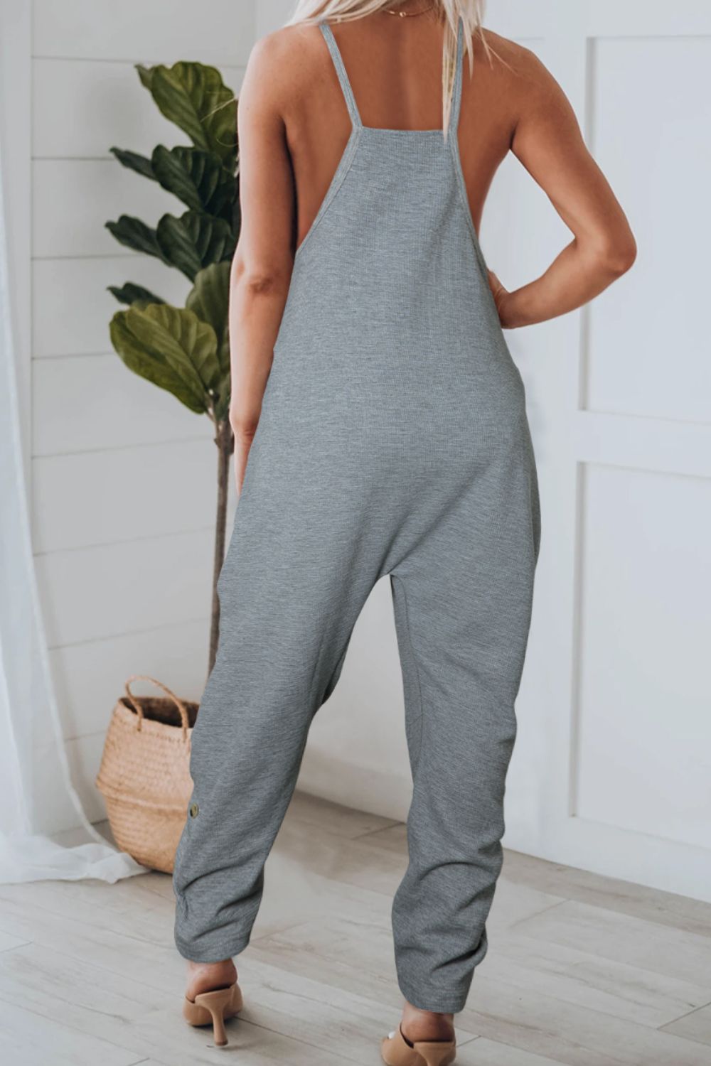 Pocketed V-Neck Spaghetti Strap Jumpsuit