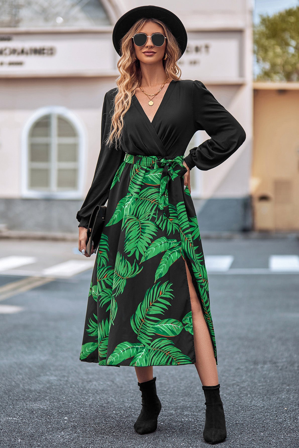 Printed Tie Waist Long Sleeve Dress