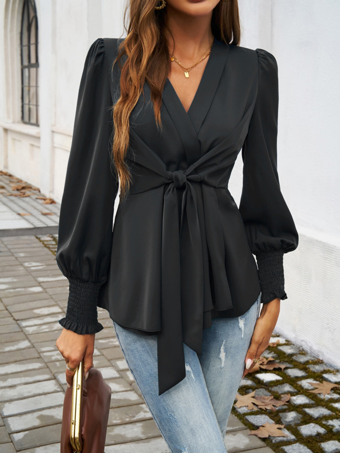 Smocked Surplice Long Sleeve Blouse