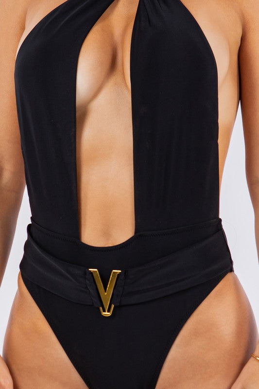 One piece bathing suit deep open with belt on waist