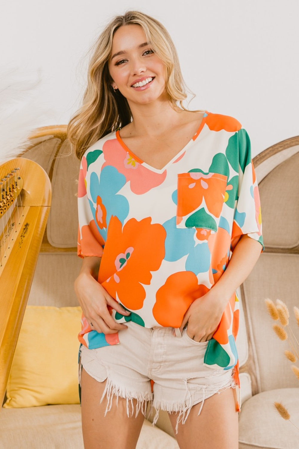 Cream & Orange & Blue Floral V Neck Slit Side T-Shirt