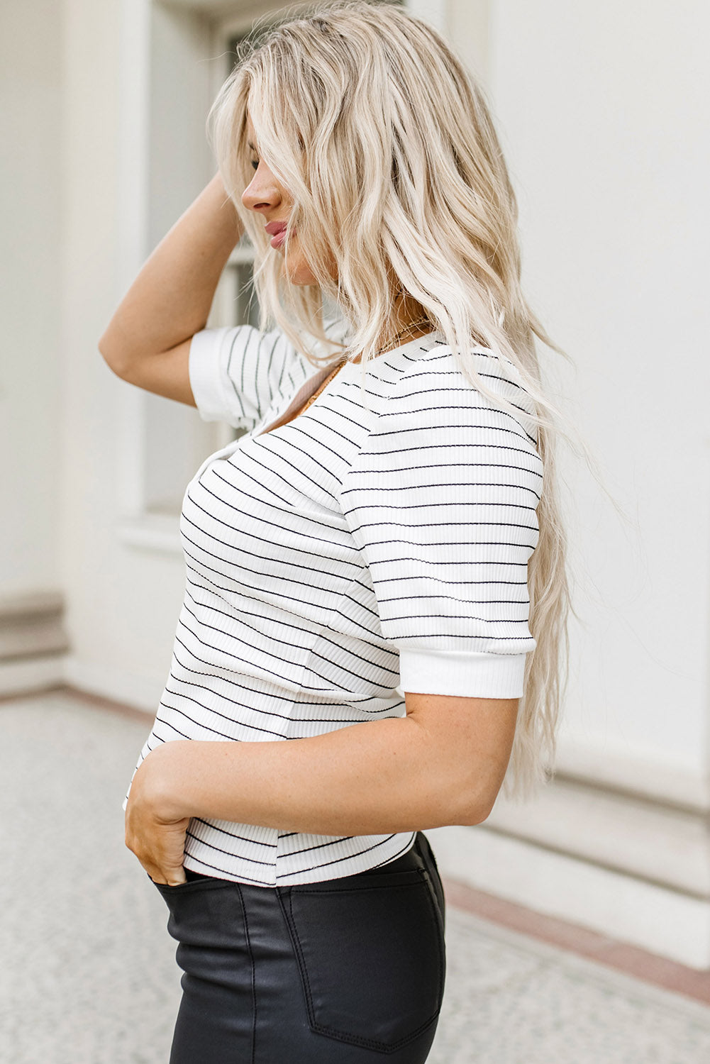 Striped Notched Short Sleeve T-Shirt