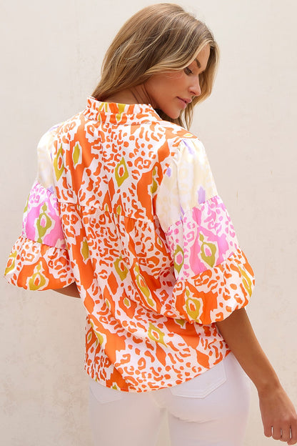 Printed Notched Half Sleeve Blouse