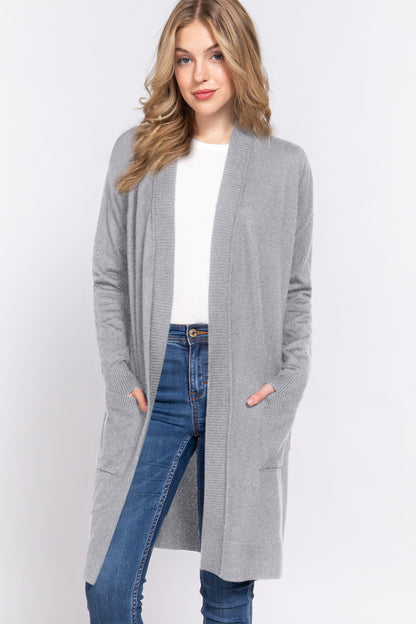 Gray ACTIVE BASIC Open Front Rib Trim Long Sleeve Knit Cardigan