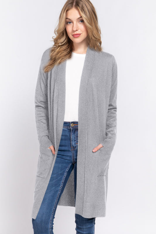 Gray ACTIVE BASIC Open Front Rib Trim Long Sleeve Knit Cardigan