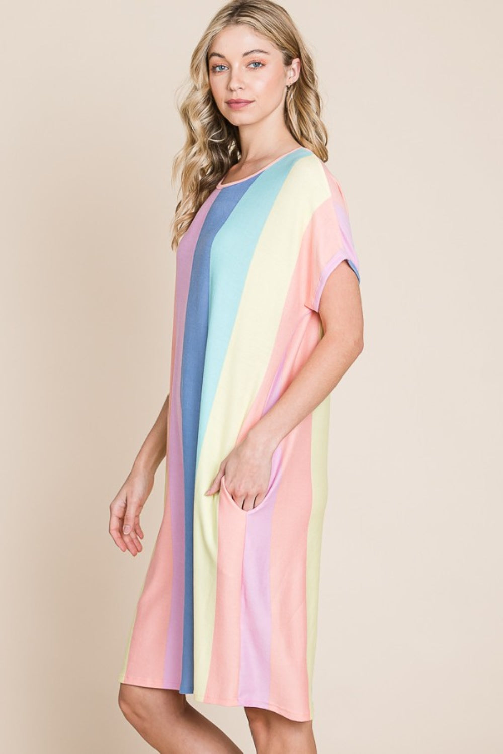 Multi-Blue & Pink Striped Short Sleeve Dress with Pockets