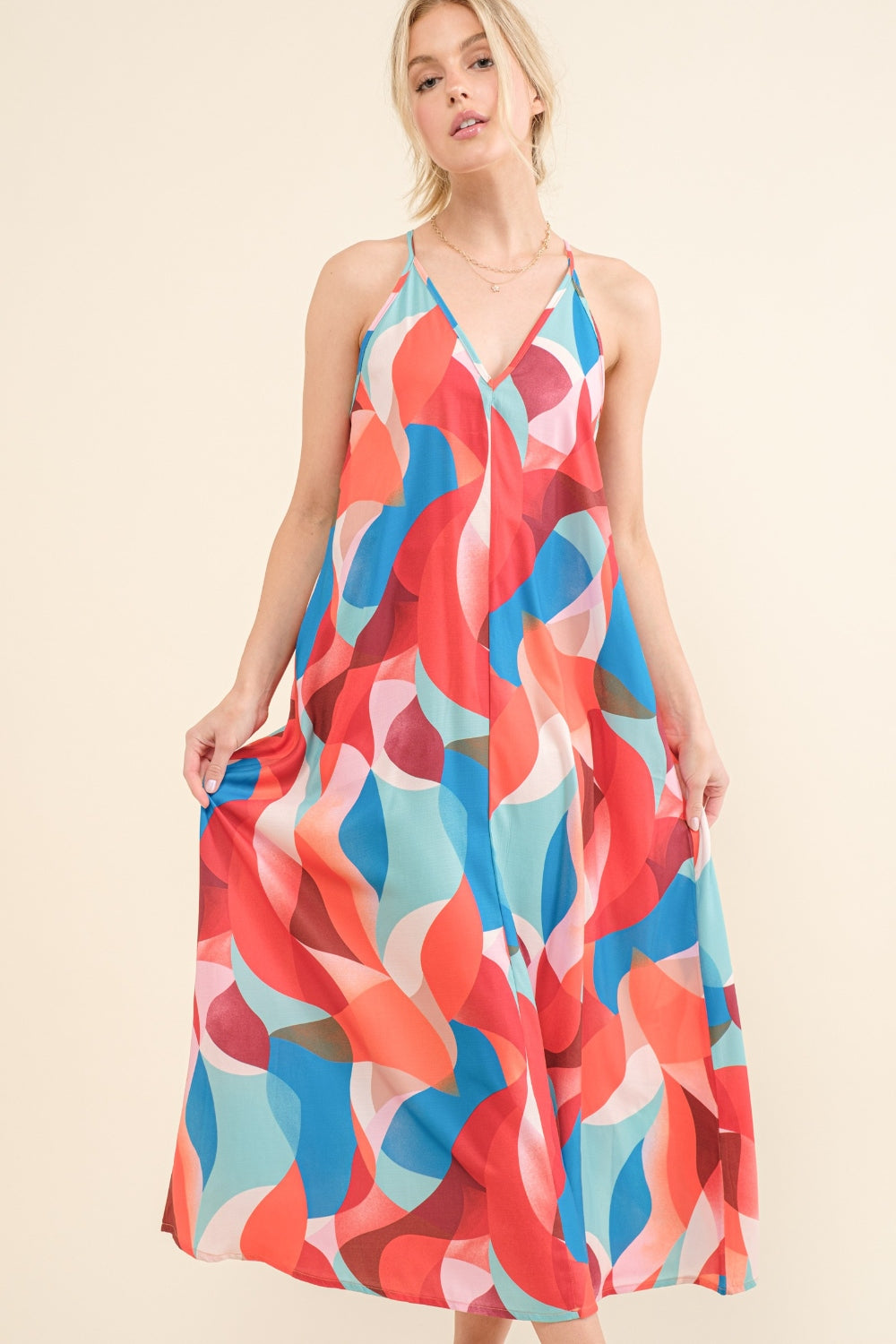 Pink & Blue Printed Crisscross Back Cami Dress